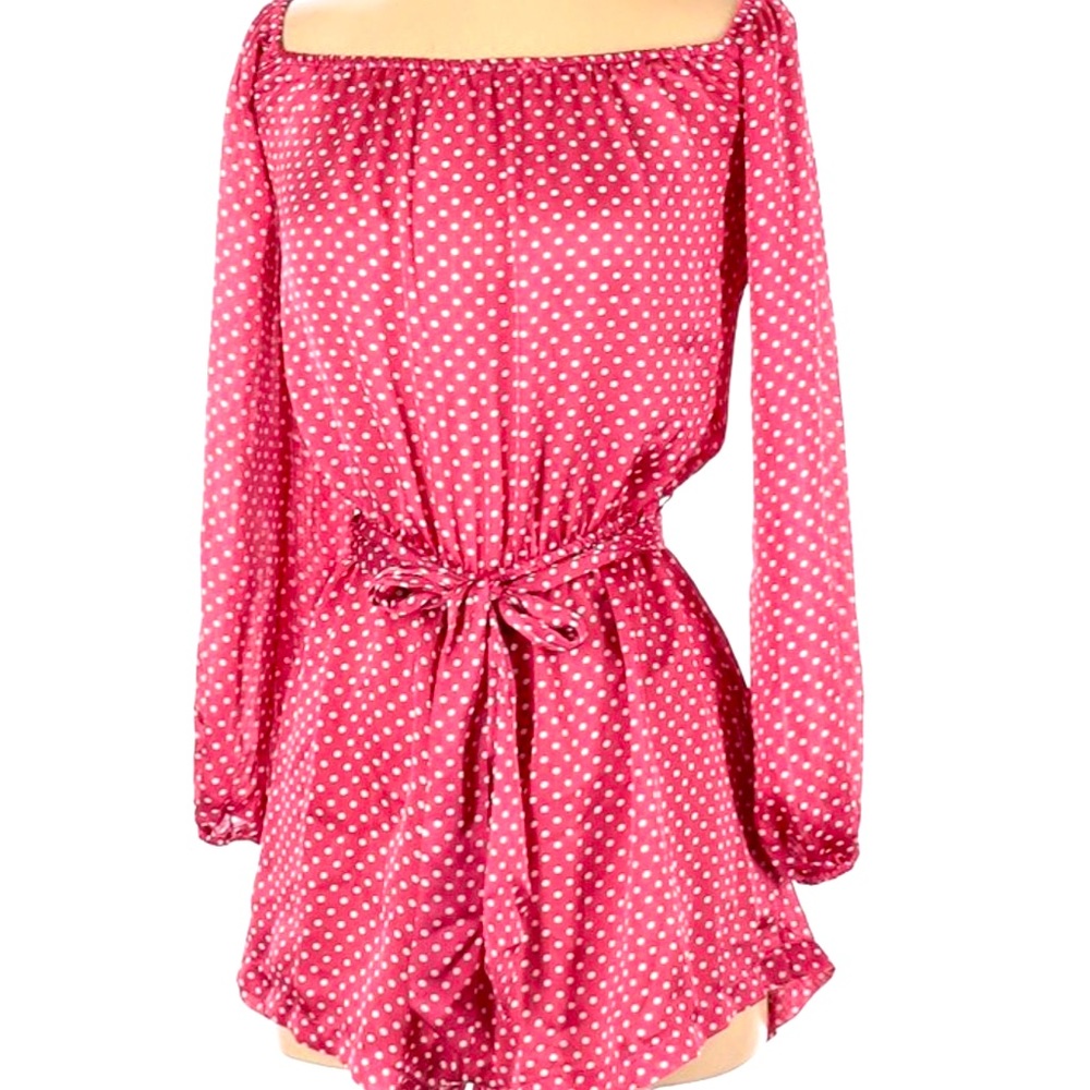 Superdown Pink White Polka Dot Off Shoulder Romper